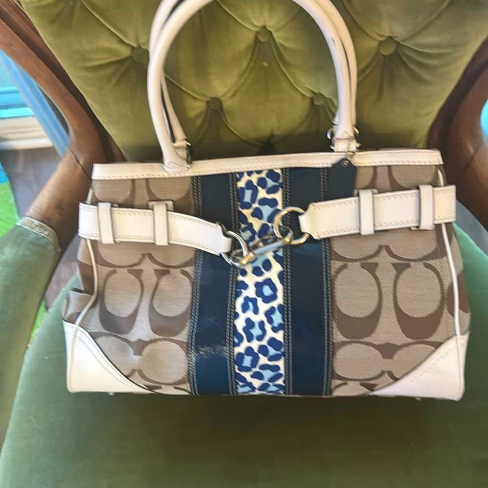 Coach Hampton Brown Signature Canvas White Leather Trim blue/khaki/white Purse
